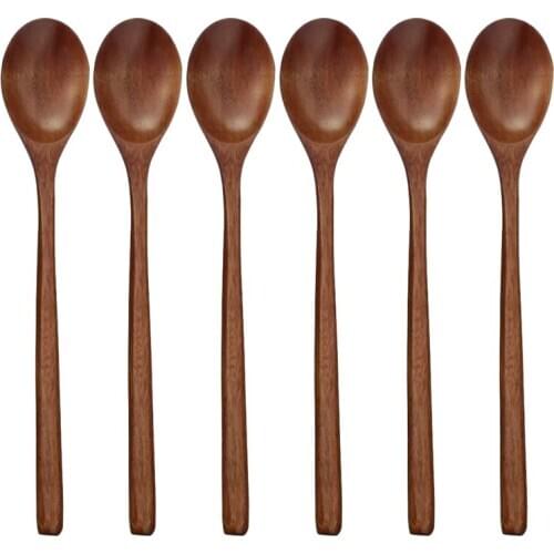 Wooden Spoons, 6 Pieces Wood Soup Spoons for Eating Mixing Stirring, Long Handle Spoon Kitchen Utensil
