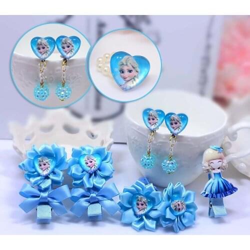 8pcs Disney Elsa princess children ring+earring clip+hair pin+hair rope clip accessories cartoon Frozen girl gift rubber band