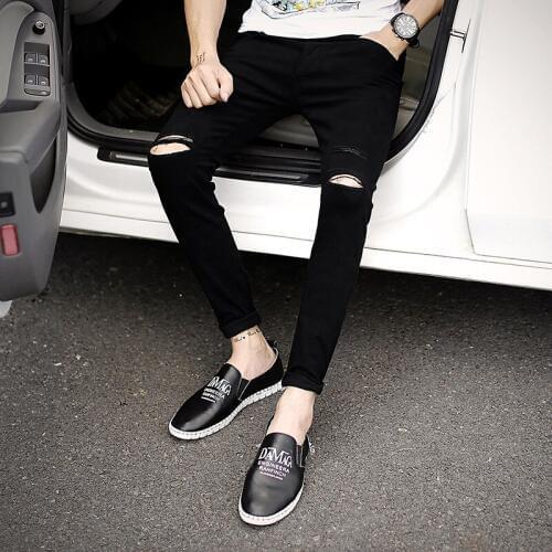 New arrival Spring Summer Knee hole men cowboy hip hop street black denim skinny jeans men teenagers Ankle length pencil pants