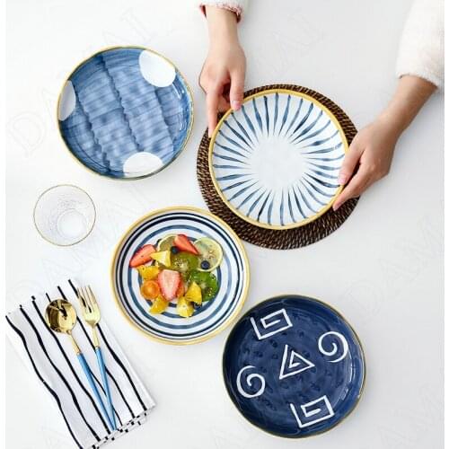 Golden Stroke Ceramic Plates Underglaze Porcelain Sushi Dishes Dinner Main Course Soup Plate Home Kitchen Dining Table Tableware
