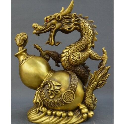 12" China Copper Brass Feng shui Wealth 12 Zodiac Year Dragon Loong Gourd Statue