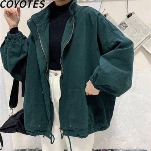 COYOTES Jackets Women Solid O-Neck Jacket Womens Coats Zipper Pockets Korean Style Daily Loose Coat Leisure Simple Outwear