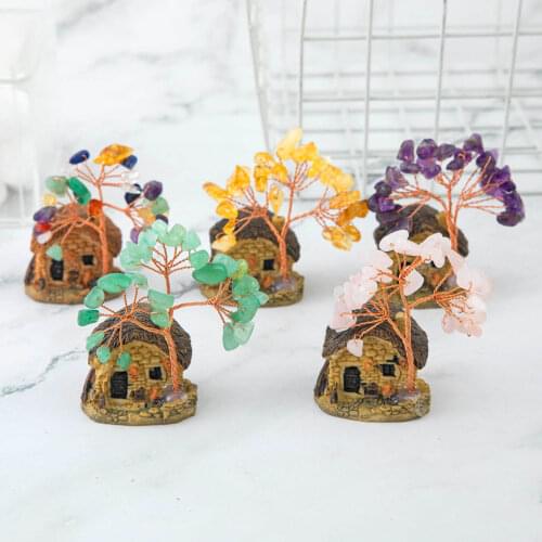 House Model Copper Wire Crystal Natural Money Tree Life Decoration Healing Energy Good Luck