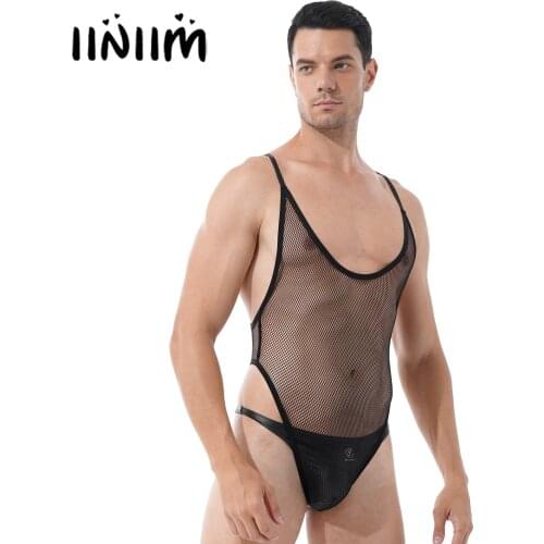 Mens See-through Hollow Out Mesh Backless Bodysuit Nightwear Lingerie Sexy Teddies Scoop Neck Sleeveless Spaghetti Strap Leotard