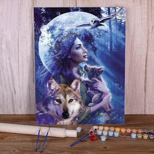 Moon And Wolf DIY Paint By Numbers Kit Acrylic Paints 50*70 Picture By Numbers Photo Loft Picture Crafts For Wholesale