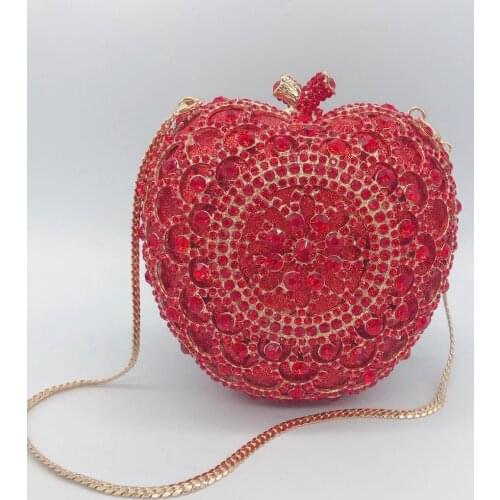 New Arrival Apple Shape Red Rhinestone Bag Diamond Gold Metal Ladies Clutches Luxury Women Evening Party Purse Mini Minaudiere