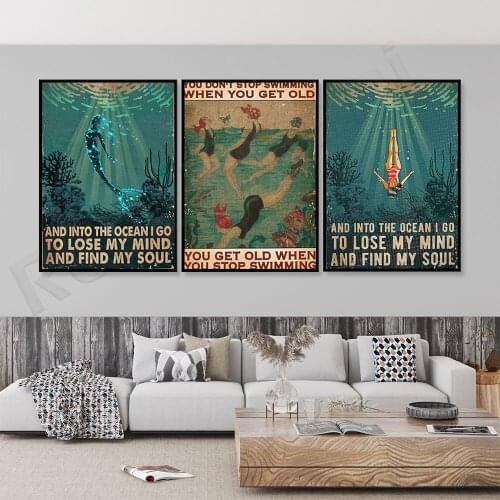 Retro enter the ocean swimming poster, swimming team gift, ocean lover wall art, ocean lovers gift decoration
