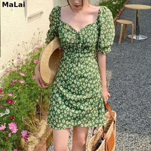 French Green Floral Dresses Women Sexy V-Neck Chiffon Korean Elegant Sweet Dress Summer 2021 Casual Backless Party Mini Dress
