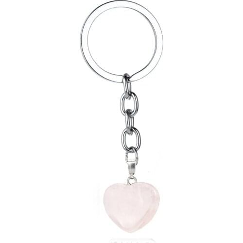 Rose Pink Natural Heart Stone Keychain Crystal Quartz Healing Stone Chakra Heart Key Chain Ring Keyring Jewelry Gift