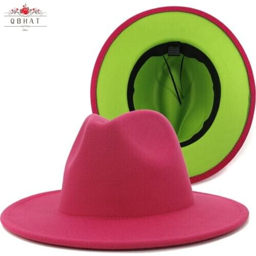 QBHAT Hot Pink and Lime Green Patchwork Wool Felt Fedora Hats Women Large Brim Panama Trilby Jazz Cap Derby Hat Sombrero Mujer