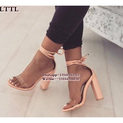 Transparent Heel gladiator sandals women black/Pink Lace up Thick high heels sandals women Open Toe Party sandals for ladies