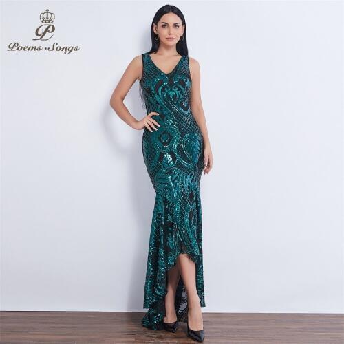 Poems songs sexy Elegant Evening dress formal party dress Sequin beautiful impressive Evening gown pretty Asymmetry dress