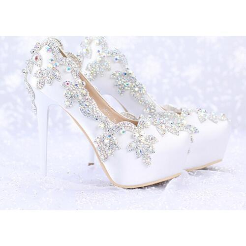 2018 Satin AB Color Crystal Round Toe Bridal Dress Platform Shoes Wedding High Heels Banquet Pageant Party Pumps Single Shoes