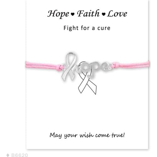 Unisex Red Yellow Pink Grey Purple Green Cord with Inscription Card Silver Hope Ribbon Awareness Charm Bracelets for Women