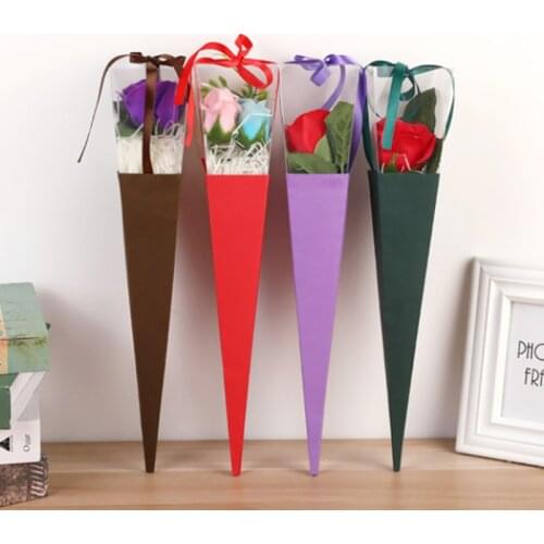 42cm Vintage triangle Flower Packaging Box Valentines Day Rose Flower Transparent Single Bouquet Gift Box PVC Paper Bag 2021