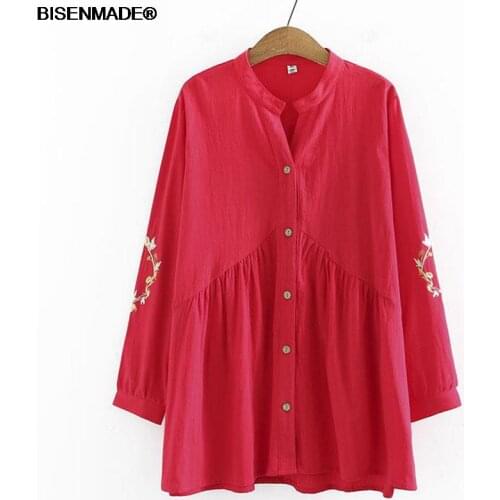 Women Clothing Blouses & Shirts Plus Size 2021 Autumn Winter New Casual Embroidered Washed Cotton Long Sleeve Female Tops 8115