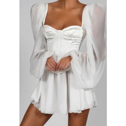 Women Bodycon Dress Female Lantern Sleeve Y2K Corset Chiffon Dresses White Autumn Beach Vacation Outfit Sexy Party Mini Dress