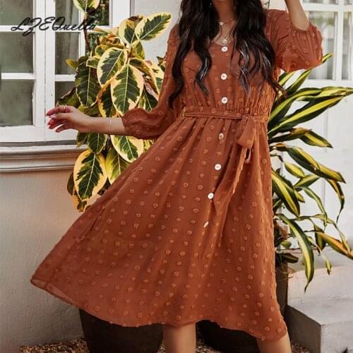 LZEQuella V Neck Button Chiffon Dress Women Long Sleeve High Waist Sashes Casual Shirt Dresses Robe Party Club Vestiods NZ2970