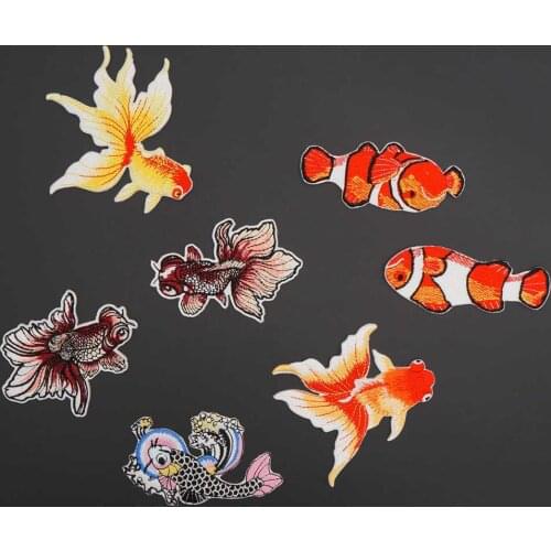 Goldfish Clownfish Embroidered Iron on Back Patches Chinese Ethnic Style for Clothes Shoes DIY Sewing Applique Decorations