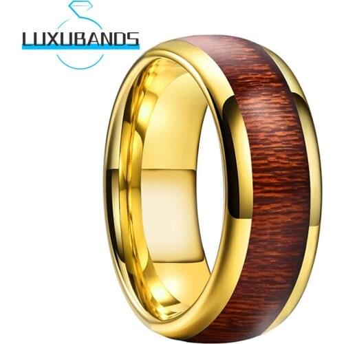 Gold 8MM Tungsten Wedding Rings For Men Women Engagement Domed Bands Wood Inlay Polished Finished Comfort Fit