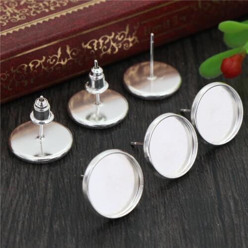 12mm 50pcs Bright Silver Plated Colors Plated Stainless Iron Earring Studs(with Ear plug) Base,Fit 12mm Glass Cabochons -M5-46