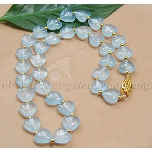 18" 15x15mm Blue Brazilian Aquamarine Gems Heart Shape Beads Necklace AAA