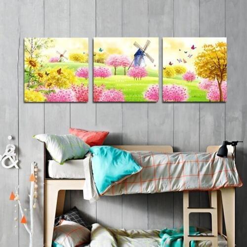 3 Piece Cartoon Canvas Prints Pastoral Wall Art Decor Painting Picture For Kids Room Kindergarten Baby Room Decoration No Frame