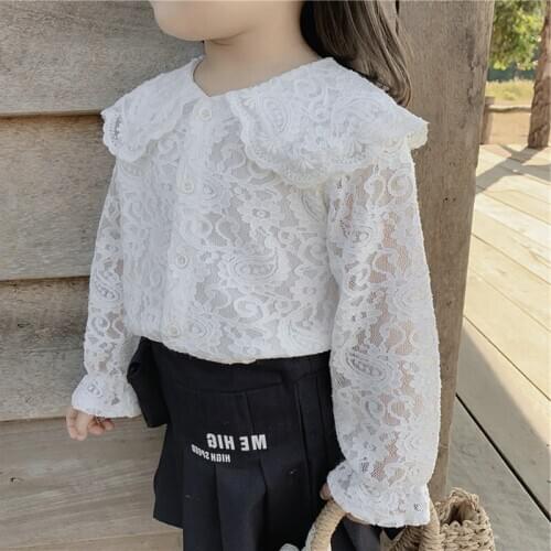 2020 Baby Girl Sweet White Lace Big Collar Blouses Spring Autumn Summer Kids Tops Shirts Children Clothes