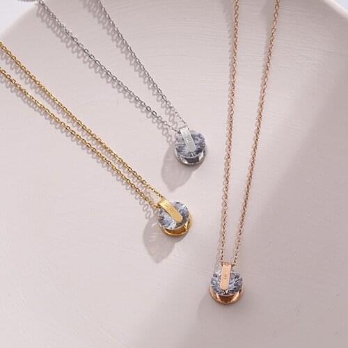 Elegant shiny cubic zirconia pendant necklace women, rose gold plated stainless steel necklaces fashion jewelry on the neck