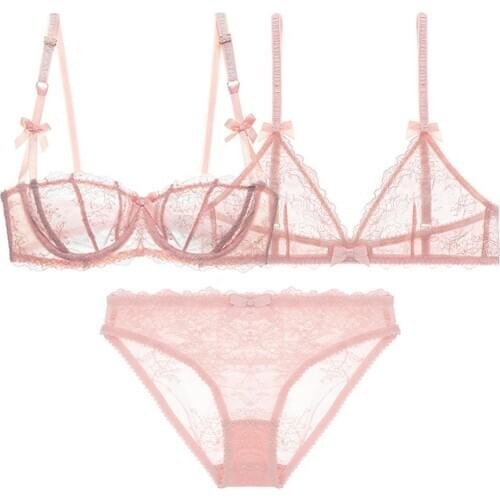 Sexy Shell Flower Lace see through Underwear 1/2 half cup 3/4 cup underwire Bra + wire free Bra + Thong 3pcs Lingerie set