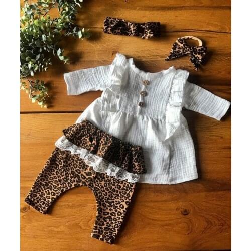 Vintage Newborn Baby Girls Clothes Sets Autumn Kids Ruffles Cotton Linen Dress Tops+Lace Leopard Print Long Pants Casual Outfits
