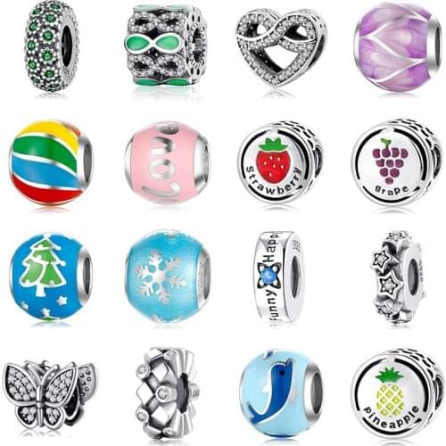 MEETSOFT 925 Sterling Silver Fruit Animals Colorful Geometry Zircon Beads of DIY handmade Jewelry Bracelect components Accessory