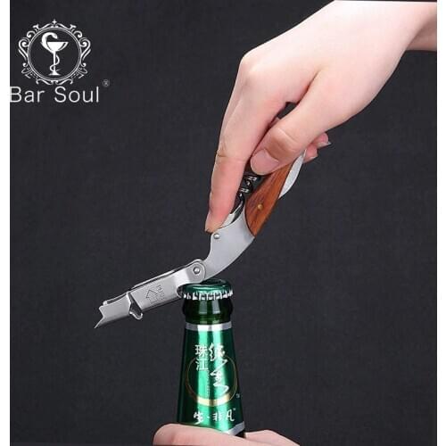 Bar Soul Multifunction Bottle Opener Stainless Steel High Quality Wooden Handle Wine Bottle Opener Bartender Tools
