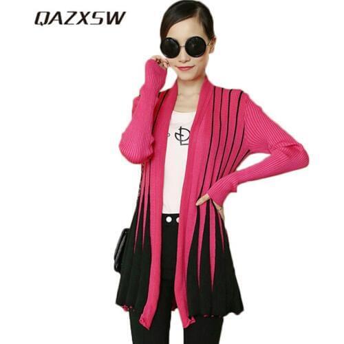 QAZXSW 2018 New Women Spring Sweater Coat Long Cardigan Patchwork Cashmere Jacket Casual Striped Poncho Casaco Feminino HB664