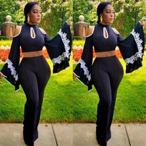 BAMBOOBOY Autumn New Charming Sexy Keyhole Bell Sleeve Short Tops Pants Fitted Suit Party Club Two Piece Set ZL1090