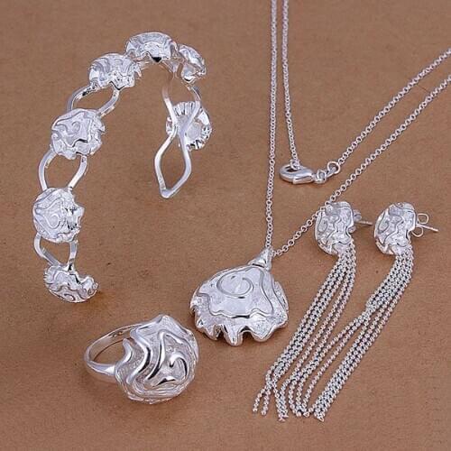 Wholesale Silver Plated Jewelry Sets Lovely Silver Fashion Jewelry Rose Ring Drop Earrings Bangle Necklace/aoqajfxa KN-S295