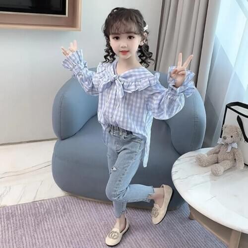 3-13 Years Girls Plaid Blue Long Sleeve Shirt 2021 Spring Toddler Baby GIrl Top Clothes Children Cute Bow Princess Blouses 6 8 9