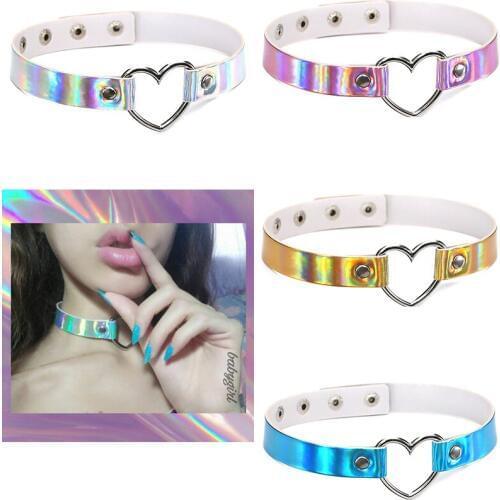 PU Leather choker necklace gift for women Holographic Heart Metal and circle Adjustable Laser Collar Chocker fashion jewelry