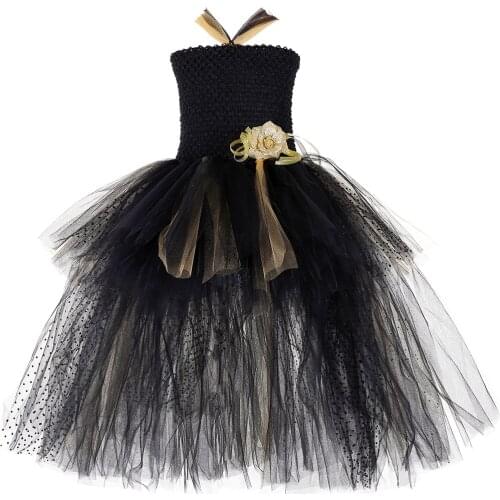 Gold Black Girls Tutu Dress with Train Princess Flower Girl Tulle Dress Kids Wedding Birthday Party Dress Girls Evening Gown