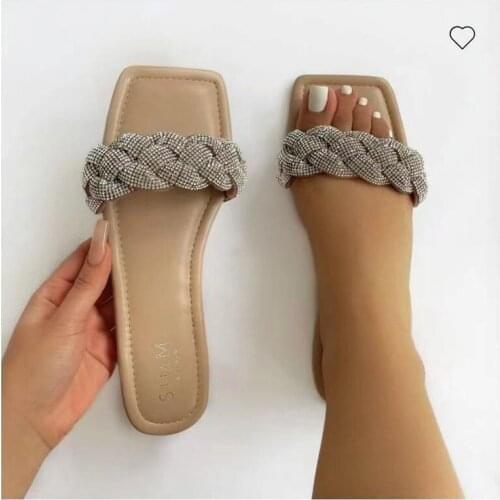 Womens Party Sandals for Summer Flat with Fashion Woven Bling Rhinestone Bling Open Toe Slip on Slippers Beach Shoes Woman