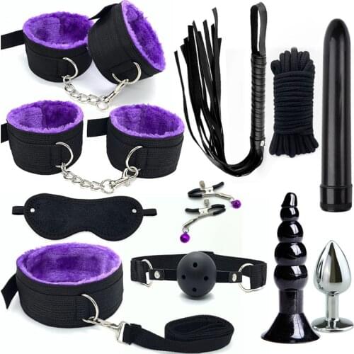 Sexy Plush BDSM Sex Bondage Constraint Handcuffs Whip Nipple Clamps Blindfold Massage Stick Sex Toys Couples Exotic Accessories