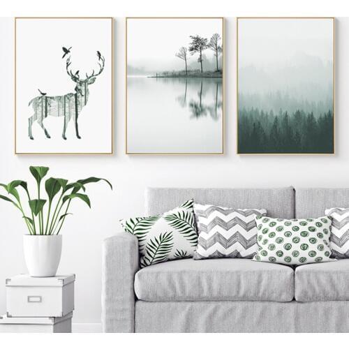 Modern Abstract Elk Psychedelic Forest Landscape Nordic Canvas Art Poster Decor Minimalist Deer Living Room Wall Painting