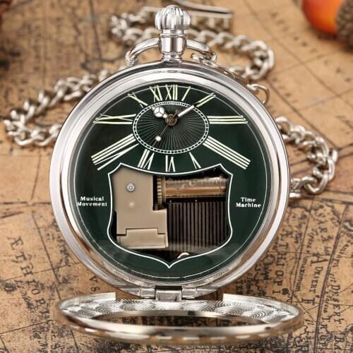 Creative Silver Case Hand Crank Playing Music Pocket Watch Personality Roman Luminous Green Noodle Dial Musical Pendant Watch