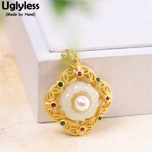 Uglyless Filigree Frame Gold Square Pendants Women Plum Blossom Flowers Necklaces NO Chains Hotan Jade Pearls Jewelry 925 Silver