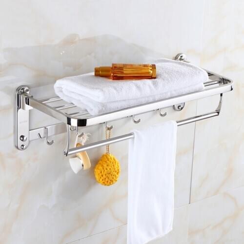 304 Stainless Steel Bathroom Towel Rack With Hooks Towel Hanger Foldable Fixed Bath Towel Holder Bath Towel Rail 40/50/60 cm