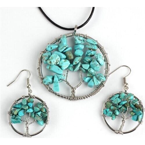 YJXP Silver Plated Round Tree of Life Pendant Rope Chain Necklace Green Turquoises Stone Earrings for Women Charms Jewelry Sets