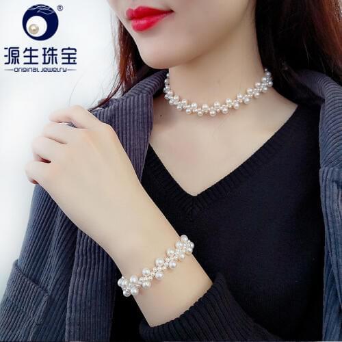 YS 925 Sterling Silver Hand-knitted 3-4 mm White China Freshwater Pearl Choker Chain Necklace/Bracelet Jewelry Set For Bridal