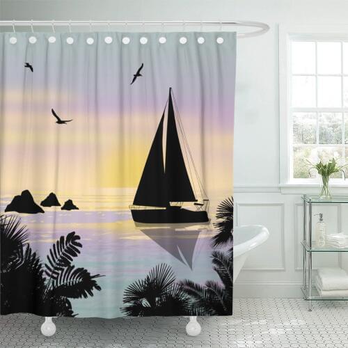 Boat Silhouette of Ship at The Sea Beautiful Sunset Shower Curtain Waterproof Polyester Fabric 72 x 72 Inches Set with Hooks