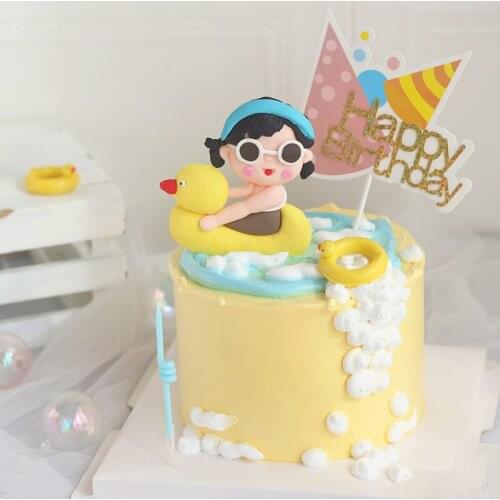 Yellow Ball Clay Duck Swim Ring Girl Cake Topper Color Dessert Plugin Table Dress Up Plugin Birthday Party Cake Decor Supplies
