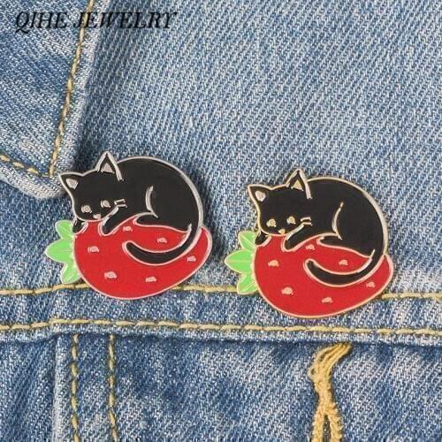 QIHE JEWELRY Fruit Cat Pins Black Cat Brooches Kitty Badges Brooches for women Cute Kawaii Jewelry Gift for Cat lady